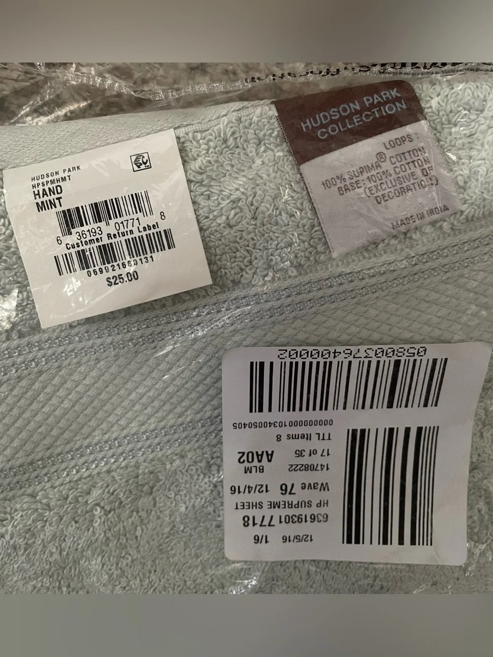 Hudson Park Supima Cotton Hand Towels Set of 2 Mint Green NEW Soft Luxury